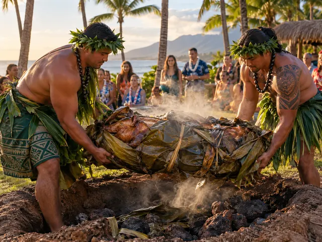 Kalua-Schwein wird aus einem unterirdischen Imu-Ofen bei einem Luau auf Oahu gehoben
