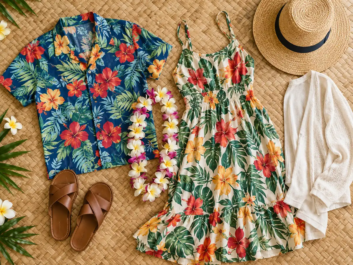Flatlay eines Luau-Outfits mit Aloha-Hemd, Sommerkleid, Sandalen und einem Blumen-Lei