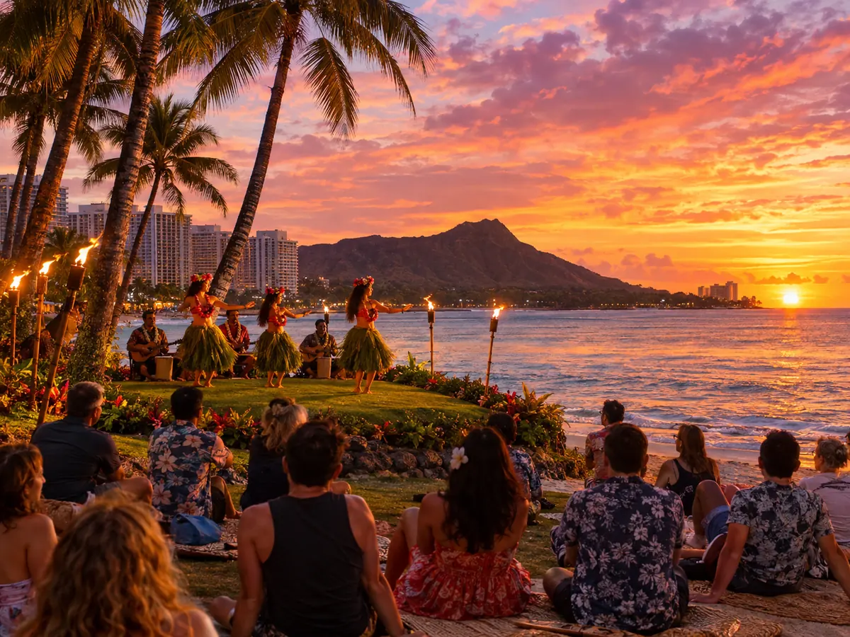 Hula-Show bei Fackelschein auf einem grasbewachsenen Hügel am Waikiki Beach mit dem Diamond Head im Hintergrund