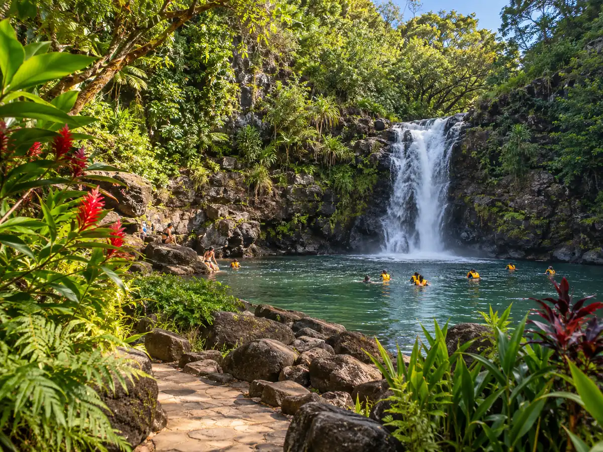 Waimea Falls und der botanische Gartenweg im Waimea Valley an der North Shore