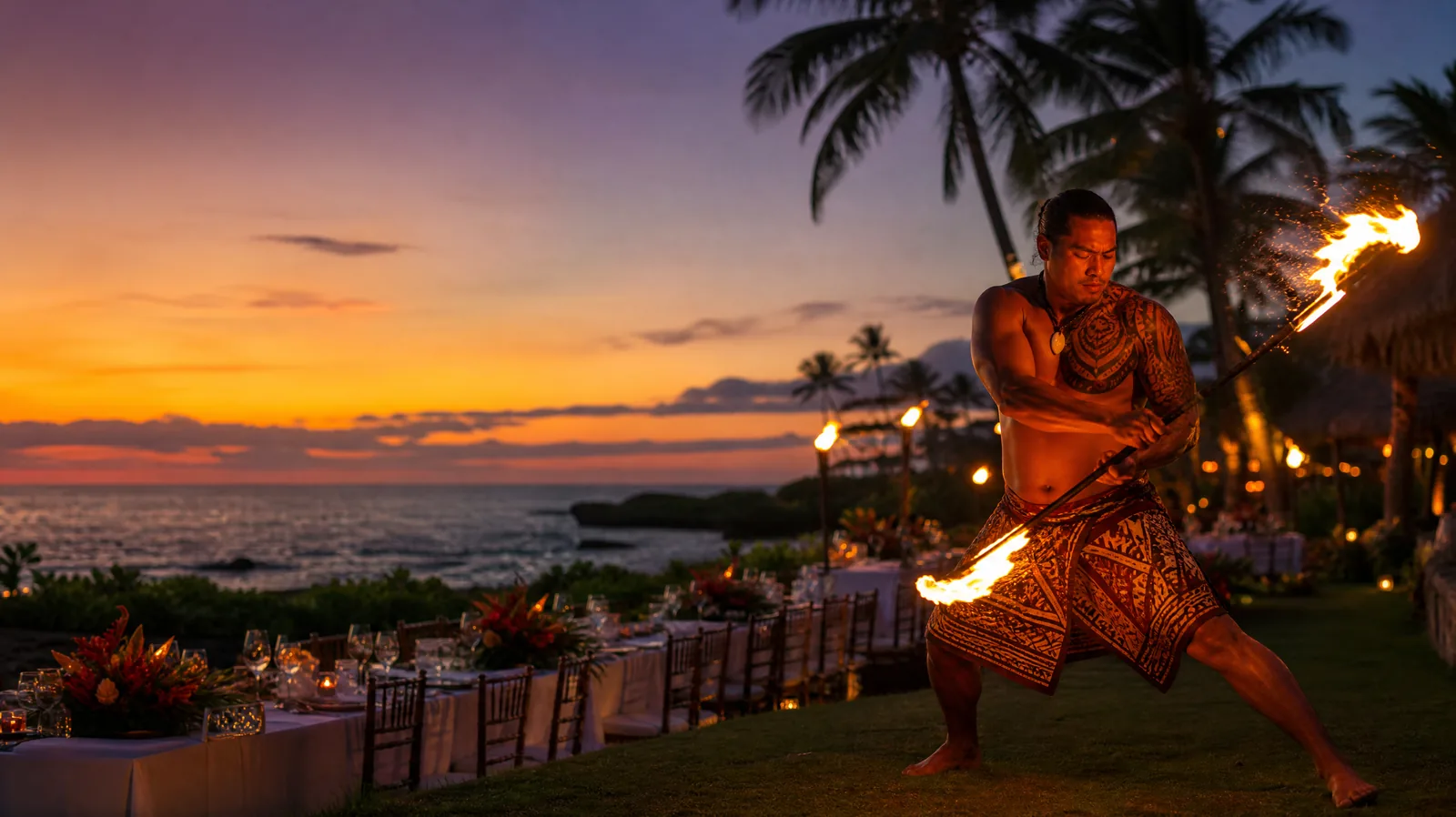 Feuermesser-Tänzer bei einem Luau zum Sonnenuntergang auf Oahu mit Tiki-Fackeln und dem Pazifik im Hintergrund